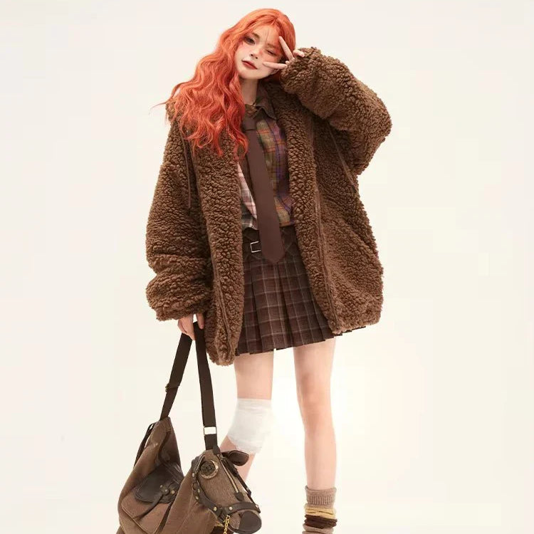 Lautaro-Kawaii Faux Fur Hoodie with Bear Ears for Women, Fluffy Sherpa Jacket, Oversized, Brown, Warm, Fuzzy, Sweet, Cute, Winte