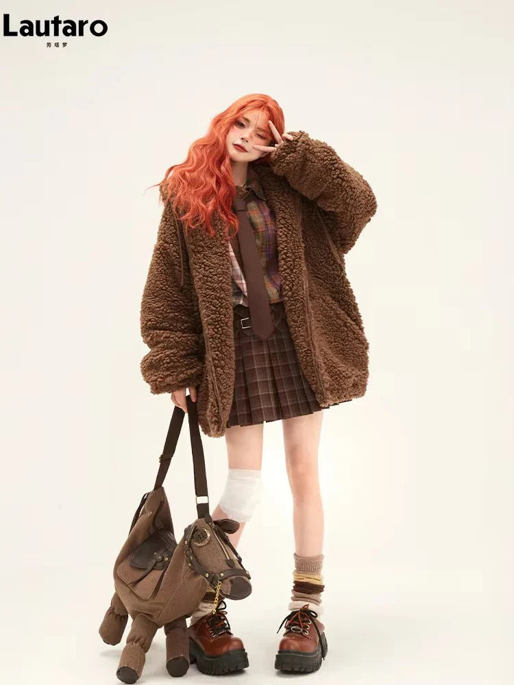 Lautaro-Kawaii Faux Fur Hoodie with Bear Ears for Women, Fluffy Sherpa Jacket, Oversized, Brown, Warm, Fuzzy, Sweet, Cute, Winte