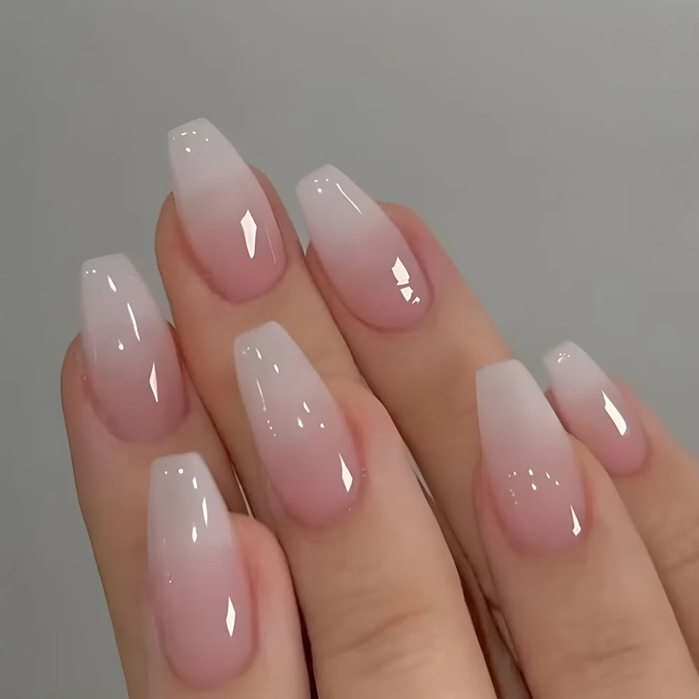 24pcs/set short fake nails gradient nude pink jelly glossy square ballet french tips Reusable faux ongles press on false nail