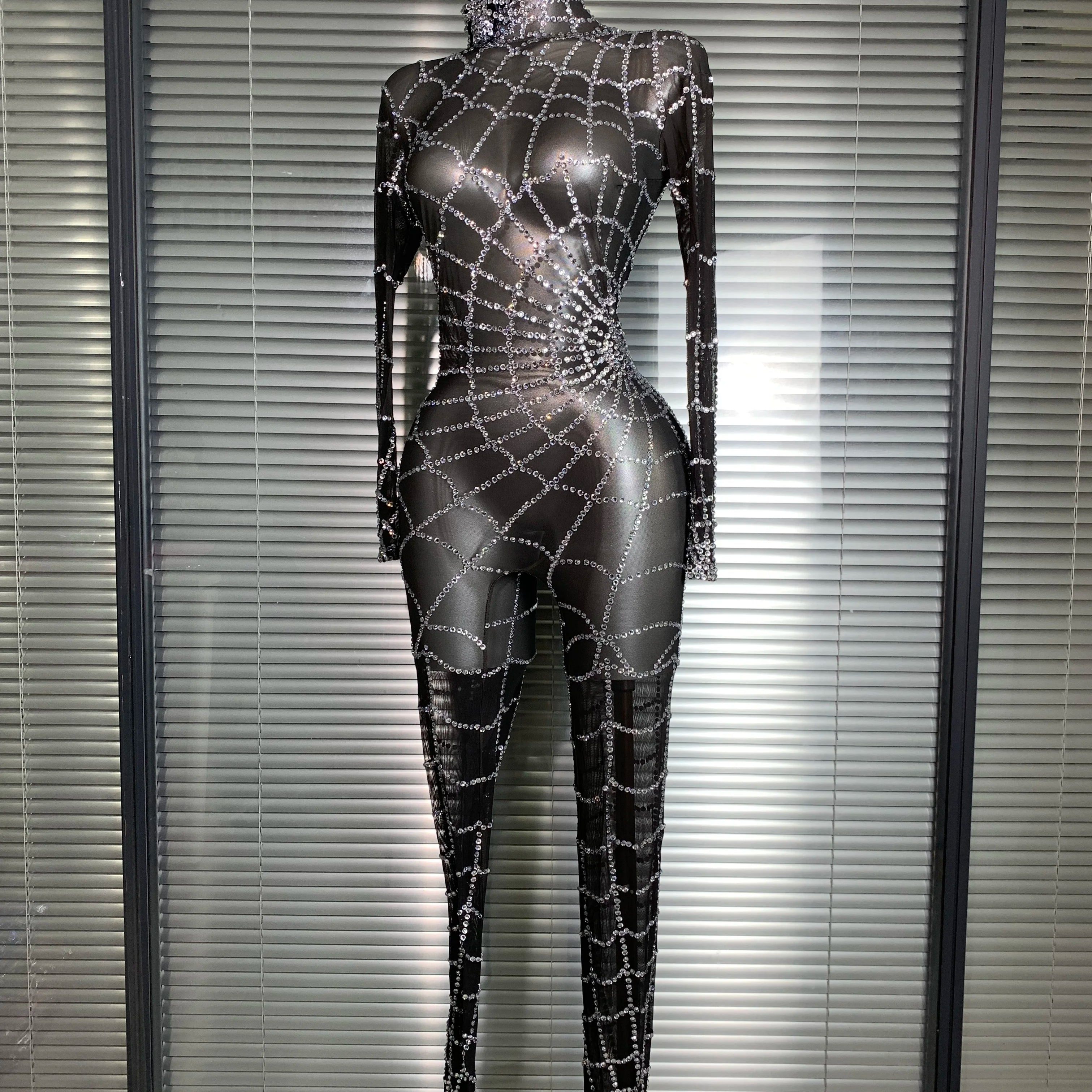 Summer New 2025 Women Sexy Crystal Sheer Black Long Sleeve Bodycon Jumpsuit Celebrity Designer Dancer Night Club Rompers
