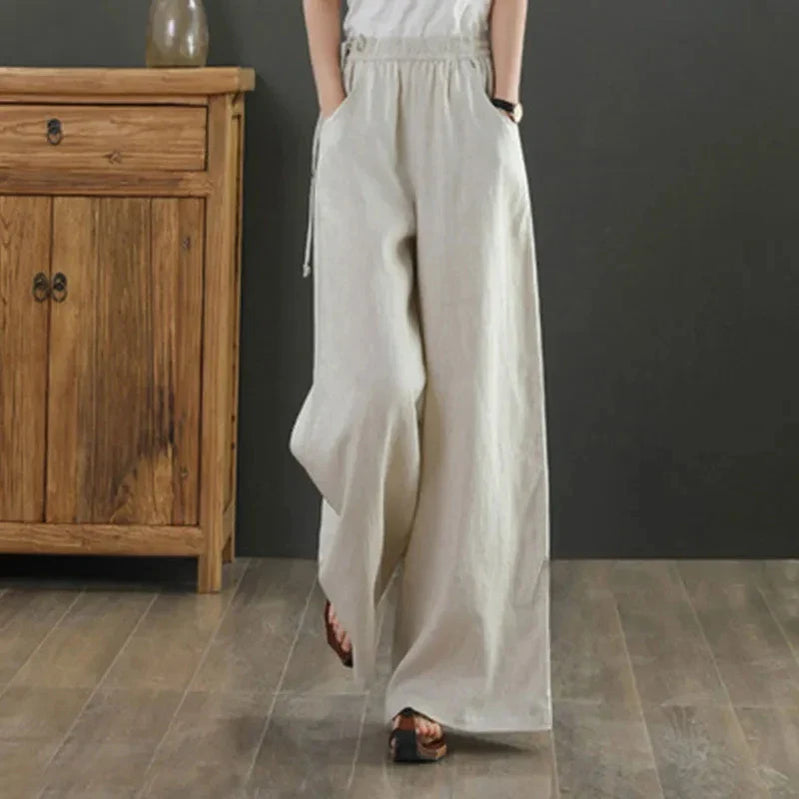 Cotton Linen Wide Leg Pants 4xl Big Size Trousers Women Summer Elastic Waist Casual Ankle-length Pantalones Baggy Sweatpant apricot