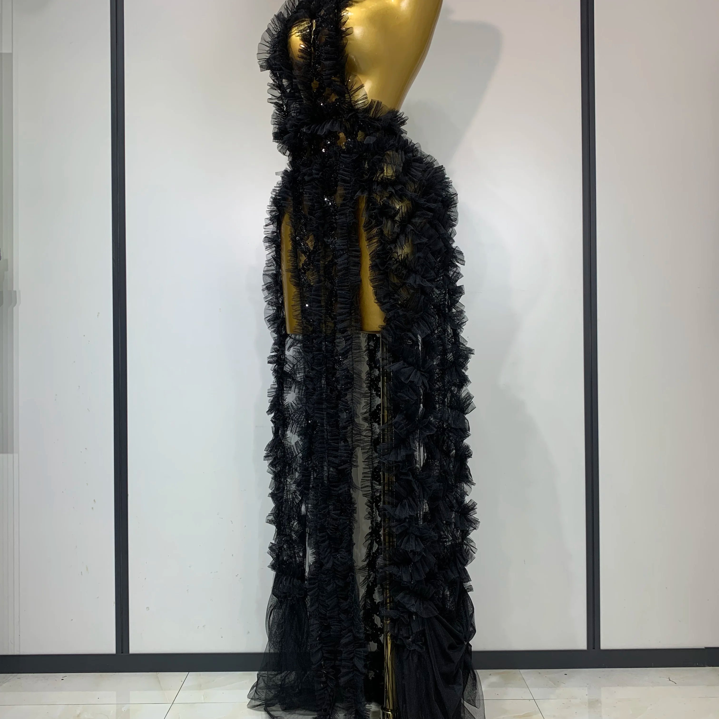 Vestido transparente com lantejoulas de malha preta, sexy, frente única, festa noturna, baile, boate, cantor, traje para performance no palco, 2025