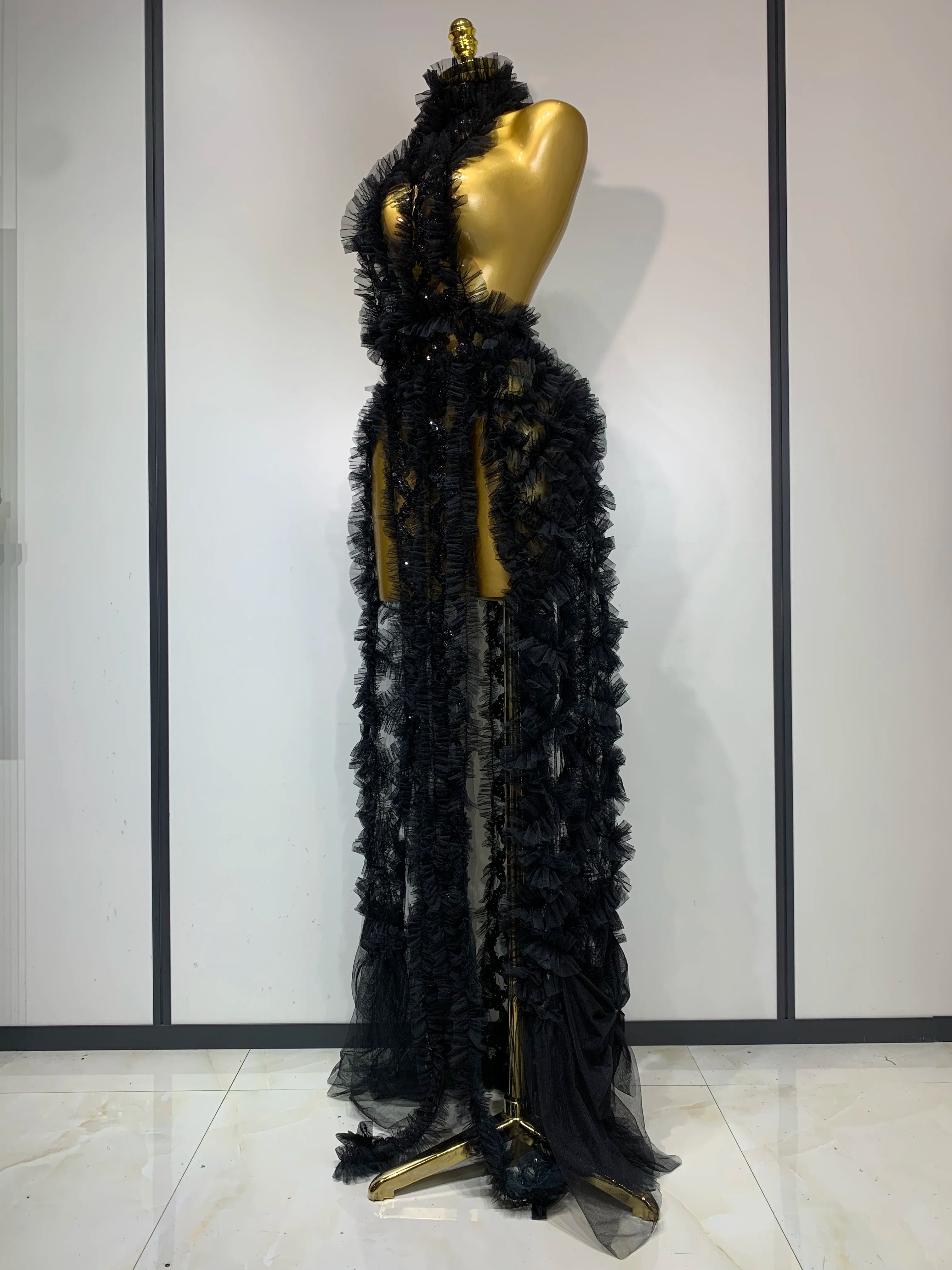 Vestido transparente com lantejoulas de malha preta, sexy, frente única, festa noturna, baile, boate, cantor, traje para performance no palco, 2025