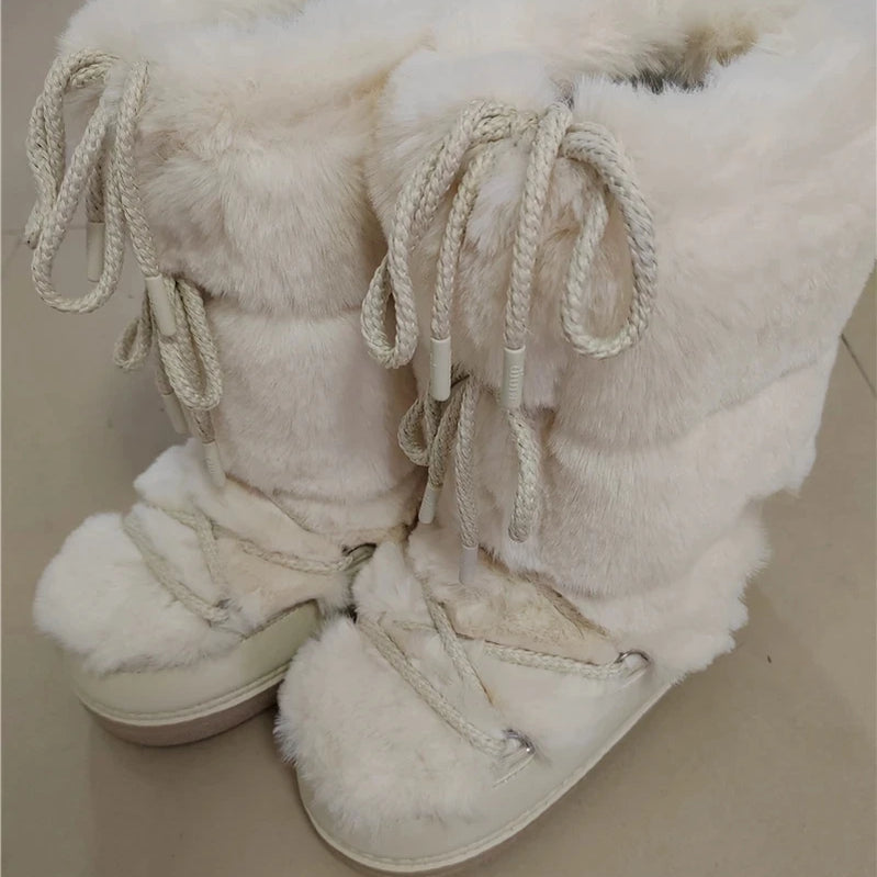 Winter Fur Boots Snow Boots Women Ski Boots Fluffy Hairy Lace Up Middle Calf Platform Flat With White Cotton Boots