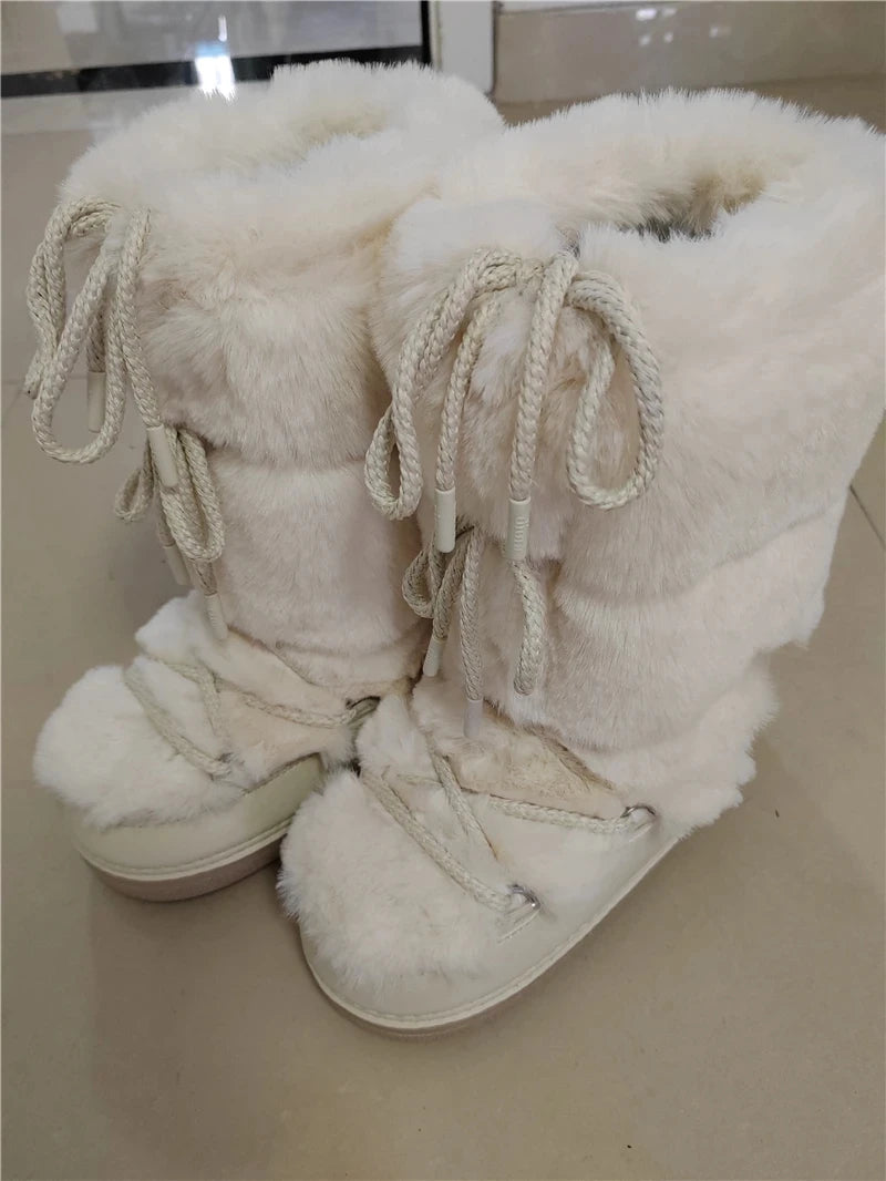 Winter Fur Boots Snow Boots Women Ski Boots Fluffy Hairy Lace Up Middle Calf Platform Flat With White Cotton Boots