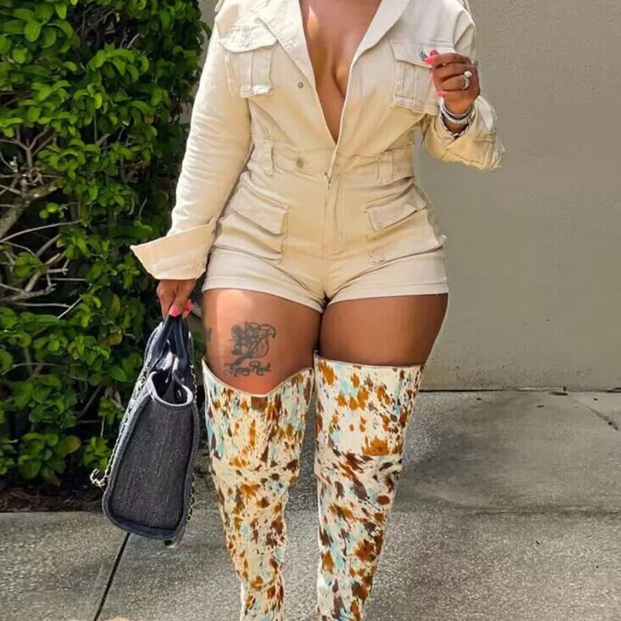 Shorts jumpsuit Button Pocket Design Romper cargo jumpsuit pants Spring Women long sleeve Casual Turn-Down jumpsuit