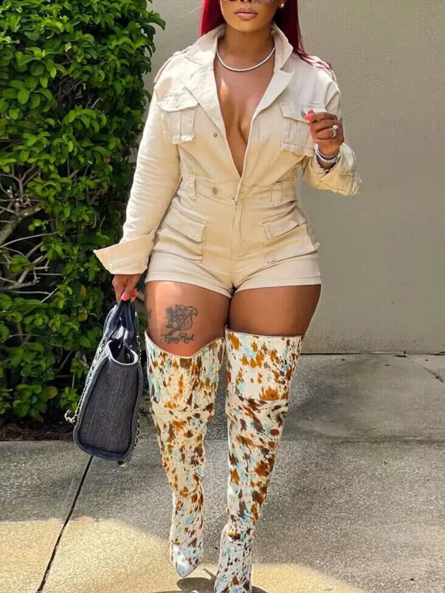 Shorts jumpsuit Button Pocket Design Romper cargo jumpsuit pants Spring Women long sleeve Casual Turn-Down jumpsuit
