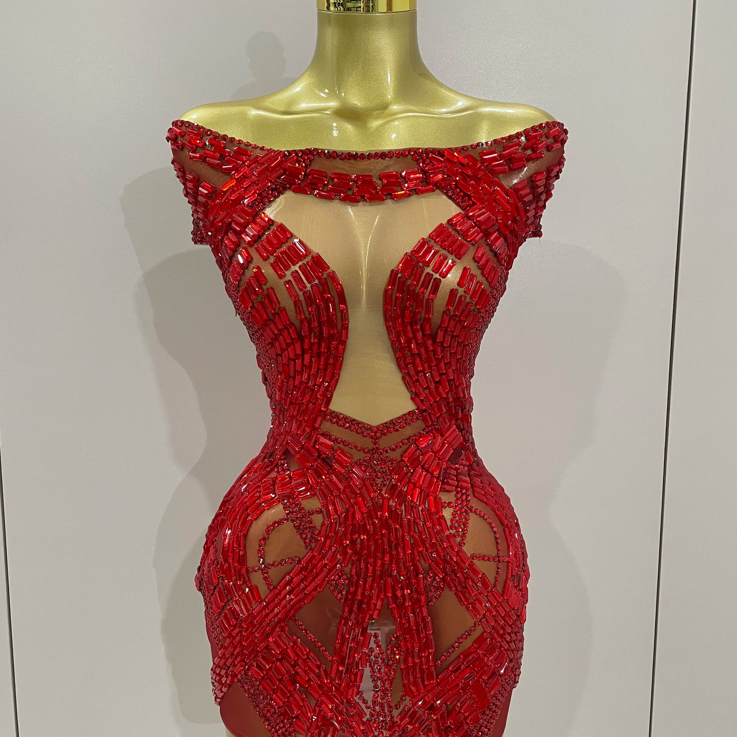 2025 Shining Red Rhinestones Sexy Mesh See-Through Mini Dress Women Celebrate Evening Prom Birthday Party Dress Stage Shoot Wear