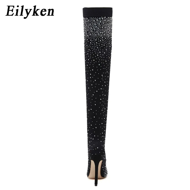 Design Crystal Rhinestone Stretch Fabric Sexy High Heels Sock Over-the-Knee Boots Pointed Toe Pole Dancing Women Shoes