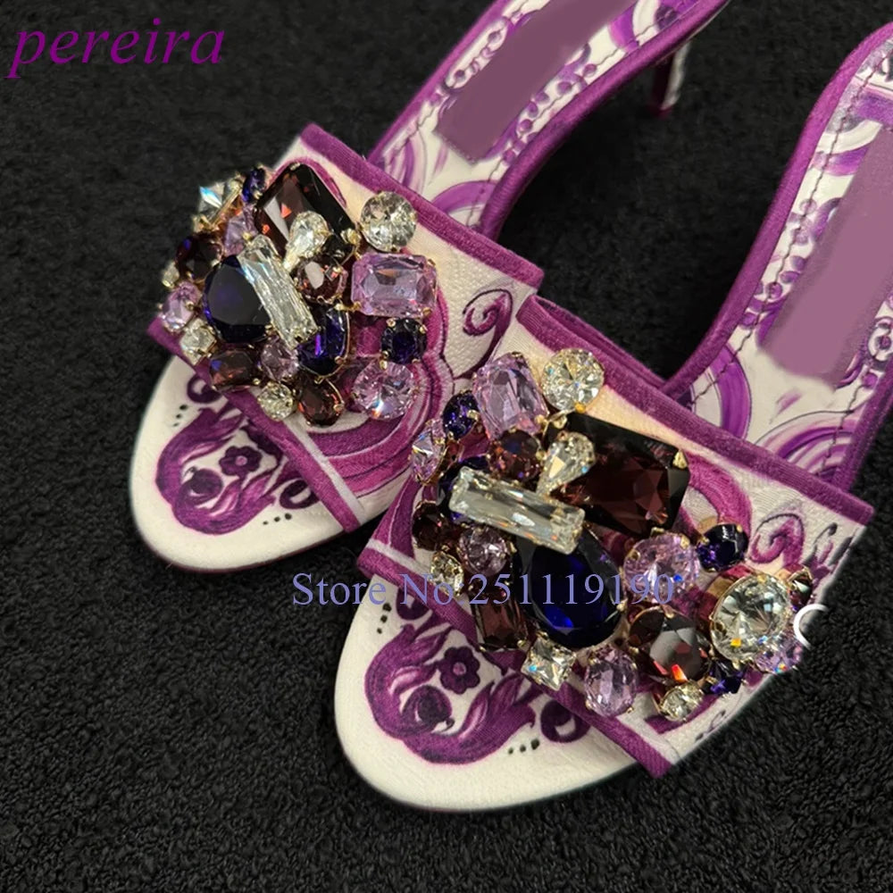 Purple Floral Mule Sandals Open Toe Gemstone Slippers Women Luxury Designer Summer Shoes Classic Slip On Pull On Modern Slides