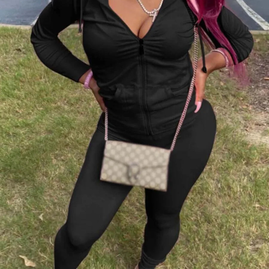 LW Plus Size Autumn Womens Kangaroo Long Sleeve Casual Tracksuit Set  Hooded Collar Pocket Design Two Piece Pants Set Outifits