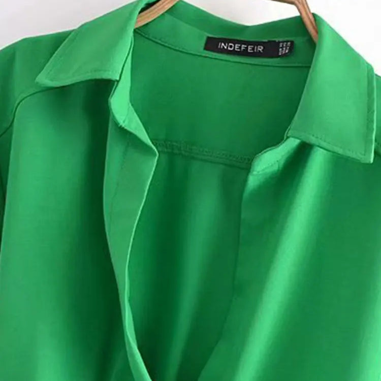 Spring Women Vintage Elegant Green Shirt Female Sexy V Neck Streetwears Blouses Casual Tie Slim Shirt Chic Top