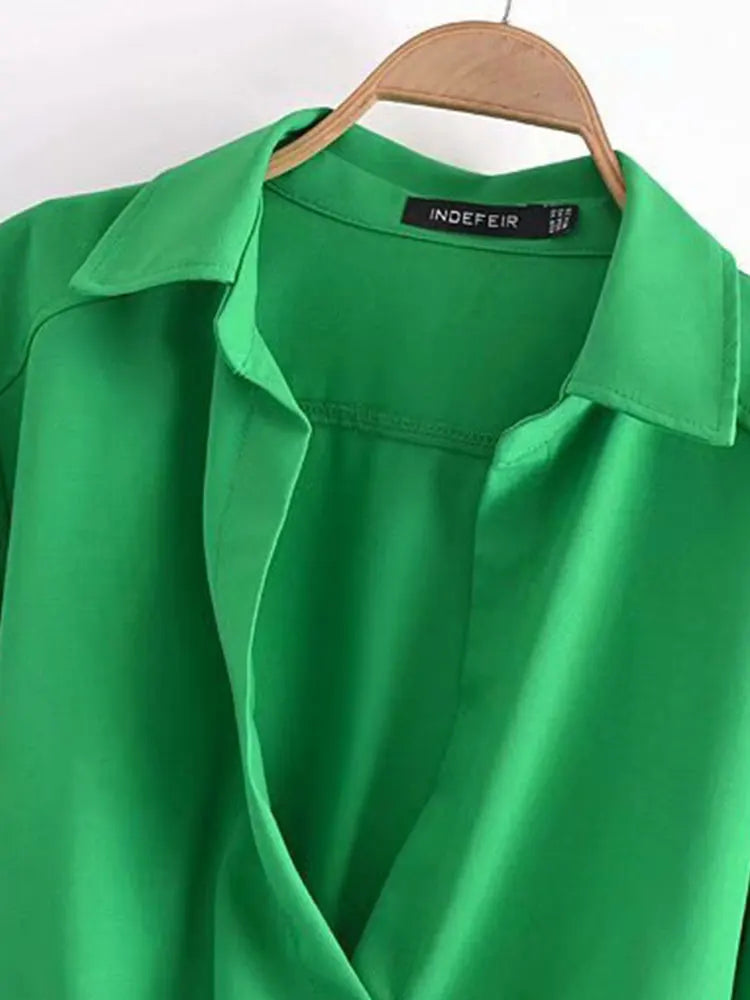 Spring Women Vintage Elegant Green Shirt Female Sexy V Neck Streetwears Blouses Casual Tie Slim Shirt Chic Top