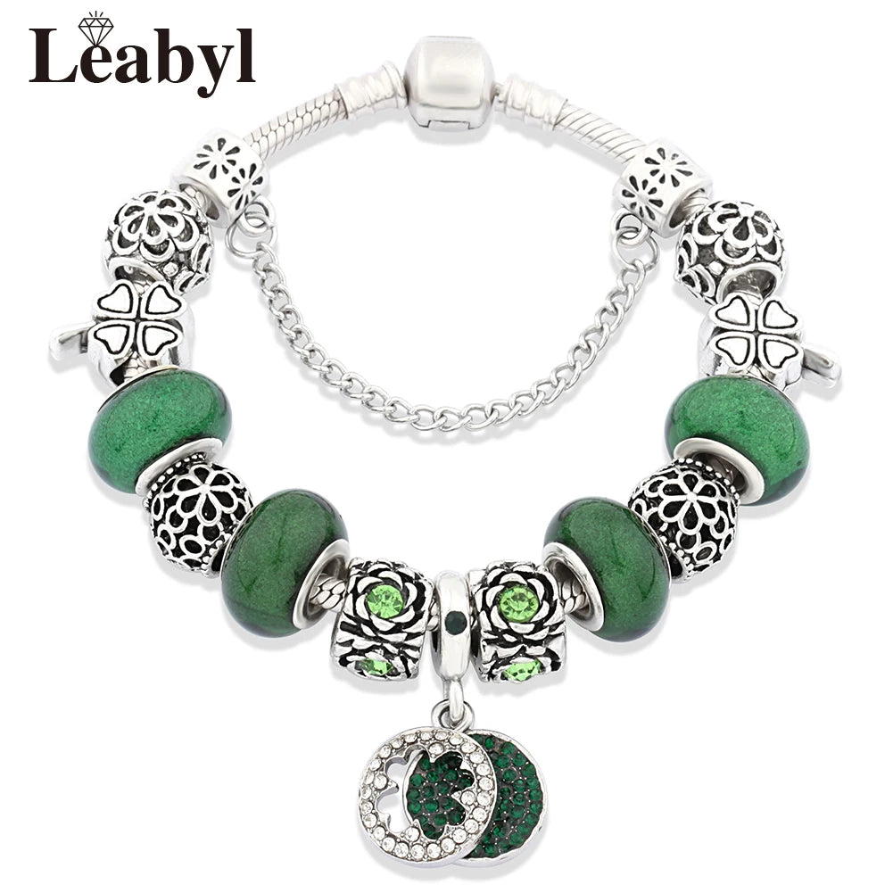Silver Color Tree of Life Fashion Bead Bracelets Green Leaf Floral Crystal Charm Bracelet & Bangle Pulsera Jewelry 987