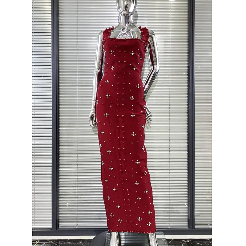 Luxury Shining Diamond Pearl Beading Halter Ankle Length Bandage Dress Elegant Woman Evening Party Vestido Birthday Party Outfit