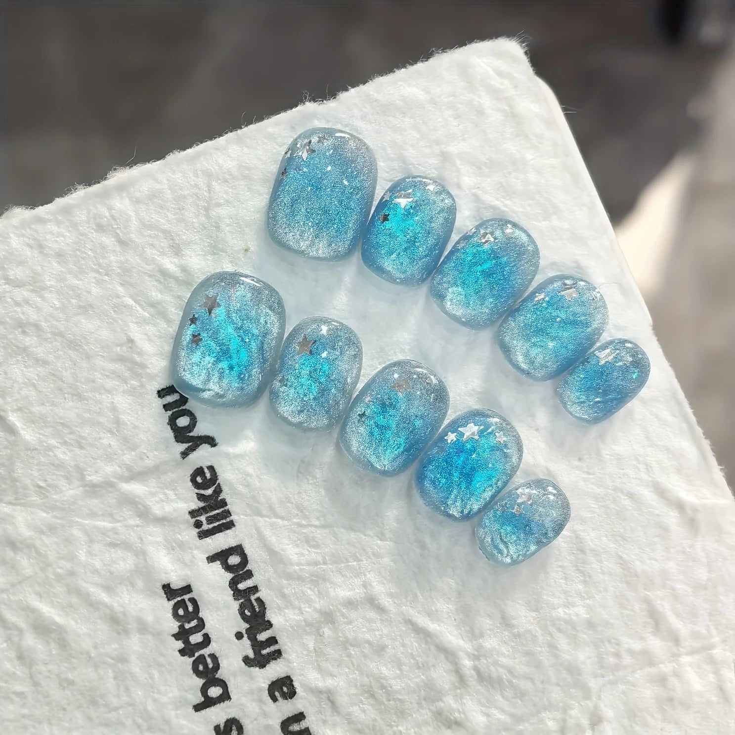 10pcs Handmade Press on Nail Ice Blue Ocean Star Ice-transparent Texture False Nail for Women&Girl Short Oval Wearable Nail