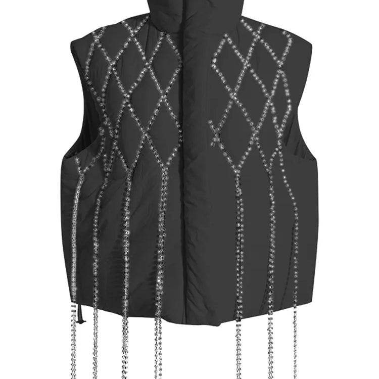 Fashion Women's Waistcoat Loose Stand Collar Single Breasted Sleeveless Plaid Diamonds Tassel Vest Winter