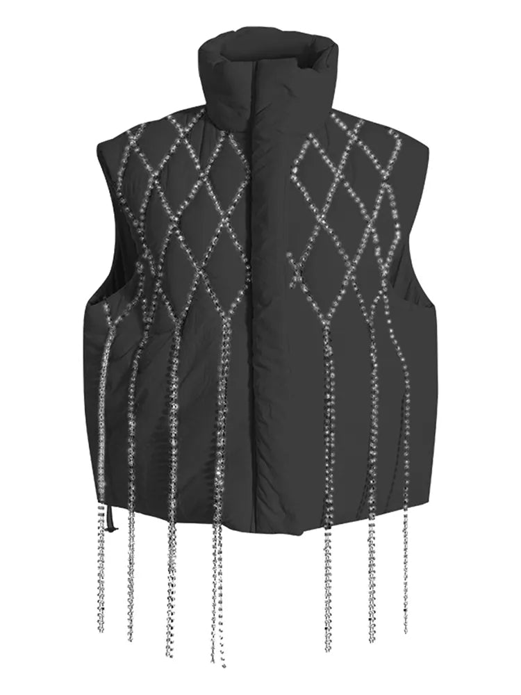 Fashion Women's Waistcoat Loose Stand Collar Single Breasted Sleeveless Plaid Diamonds Tassel Vest Winter