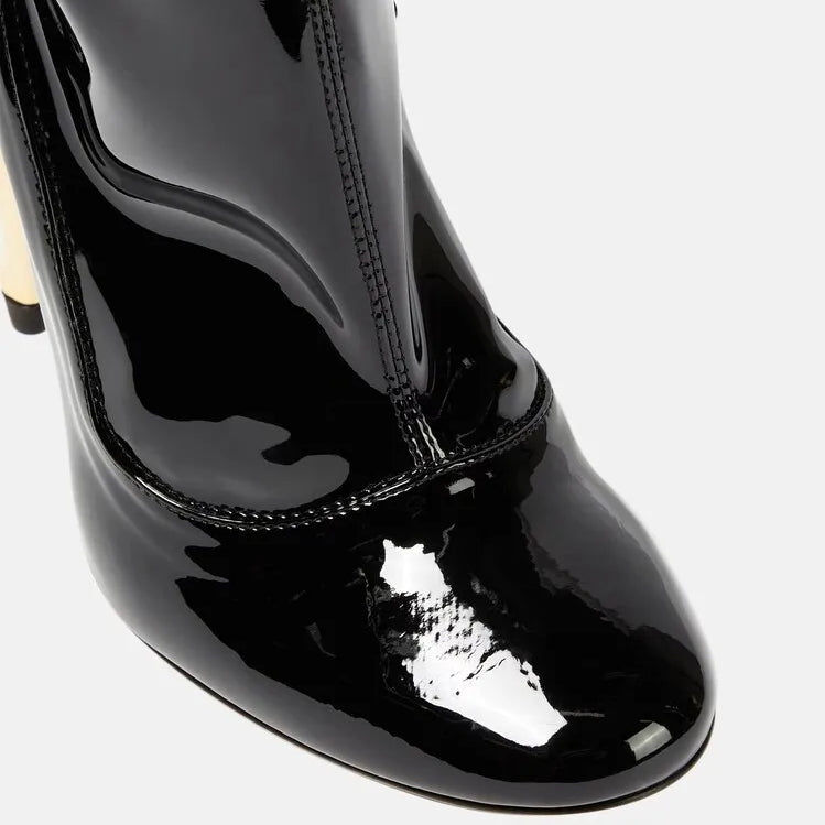 Women's New Lacquer Leather Black Show Irregular High Heel Knee Length Women's Boots Fashion Round Head Side Zipper Party Boots