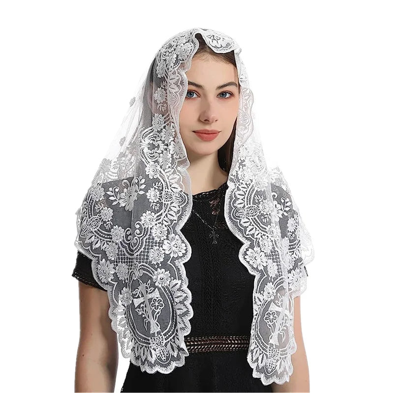 Women Head Covering Bridal Wedding Veil Lace Mantilla Cross Embroidery Church Catholic Veil white