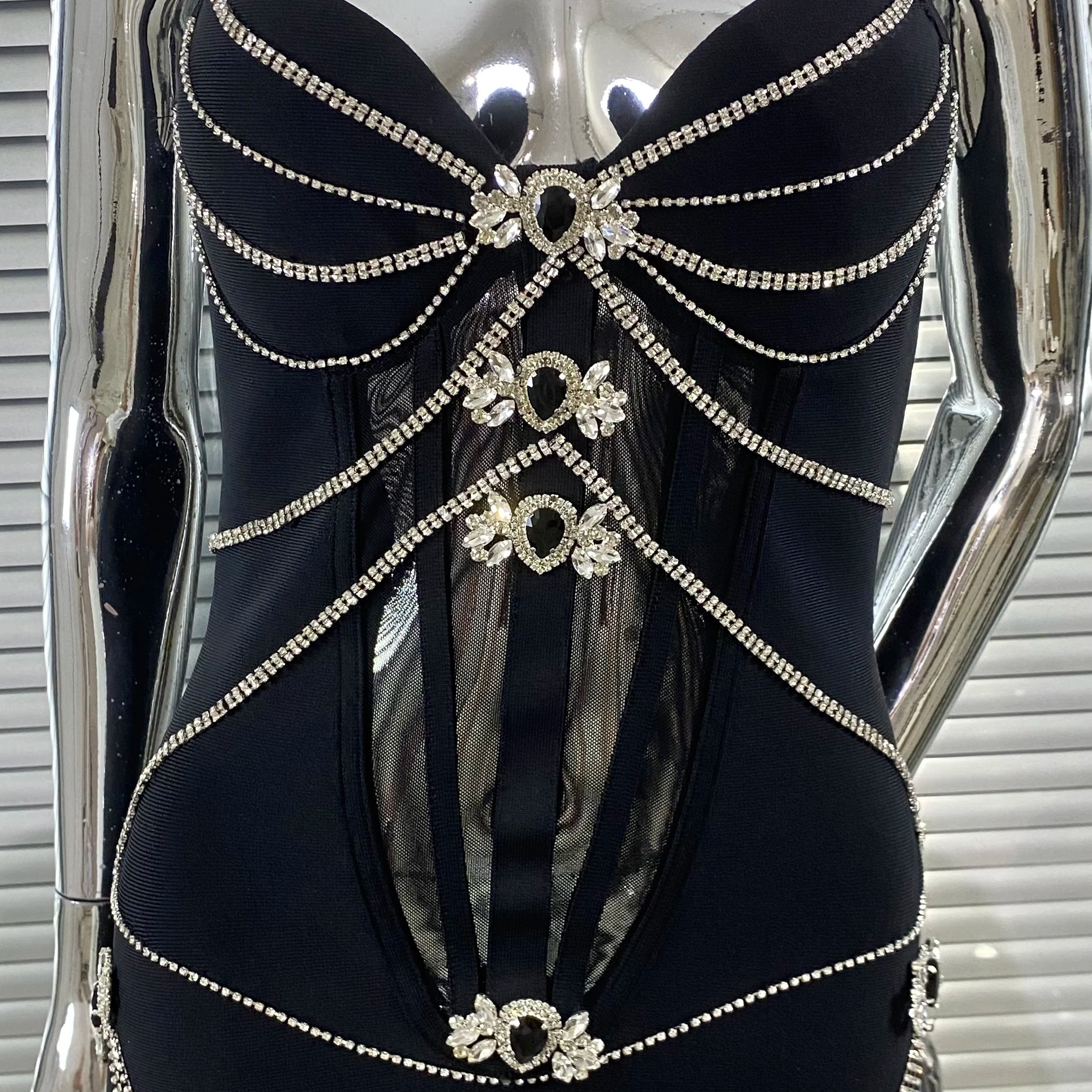 Luxury Woman Haute Couture Evening Dress Sparkling Diamonds Strapless Black Ankle Length Bandage Dress Birthday Party Outfit