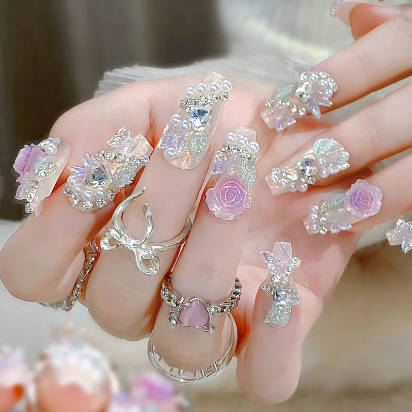 24pcs Love Crystal Decor Press on Nails Pink Bow Design Fake Nail Tips Bride Wedding Wearable Shiny Coffin Head Fake Nails