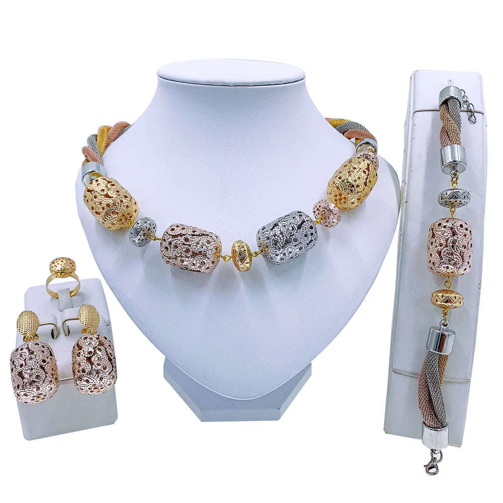 African Necklace Earrings Dubai Gold Color Jewelry Set for Women Wedding Bridal Travel Party Bracelet Ring Pendant Jewelry LS0812 Resizable 45cm | Clear