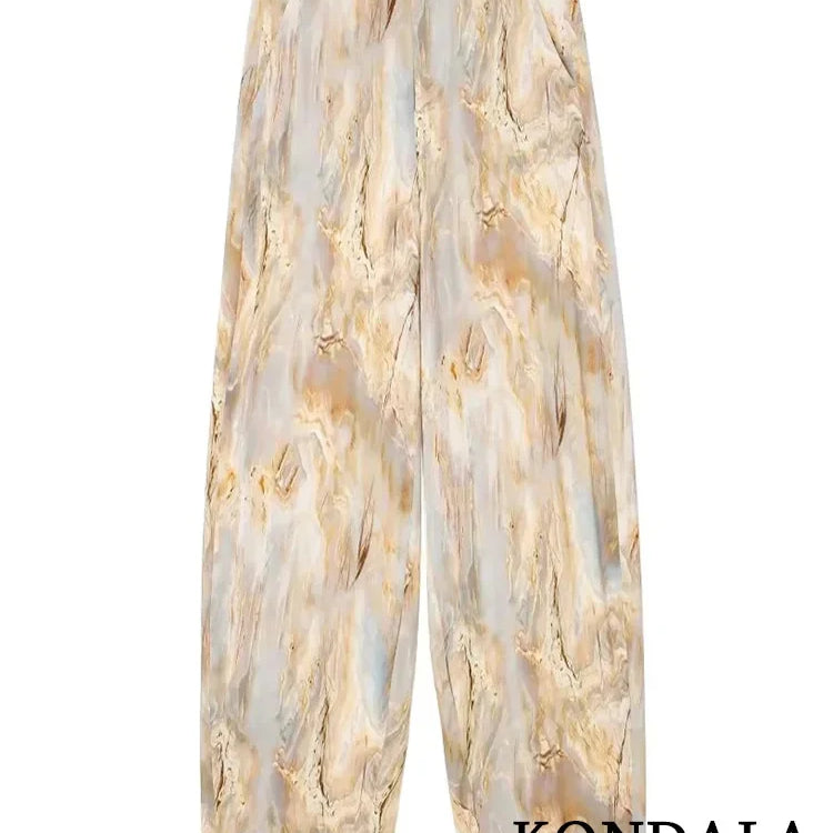 KONDALA Vintage Tie Dye Print Women Suit V-Neck Long Sleeve V Neck Shirts+High Waist Straight Loose Pants Fashion Sets Pants