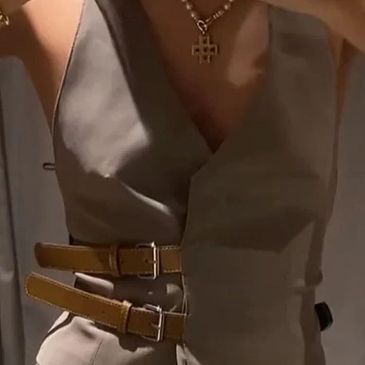 Fashion Leather Belts V-neck Halter Vest Women Elegant Sleeveless Backless Female Tanks Y2k Spring Summer Lady Waistcoat