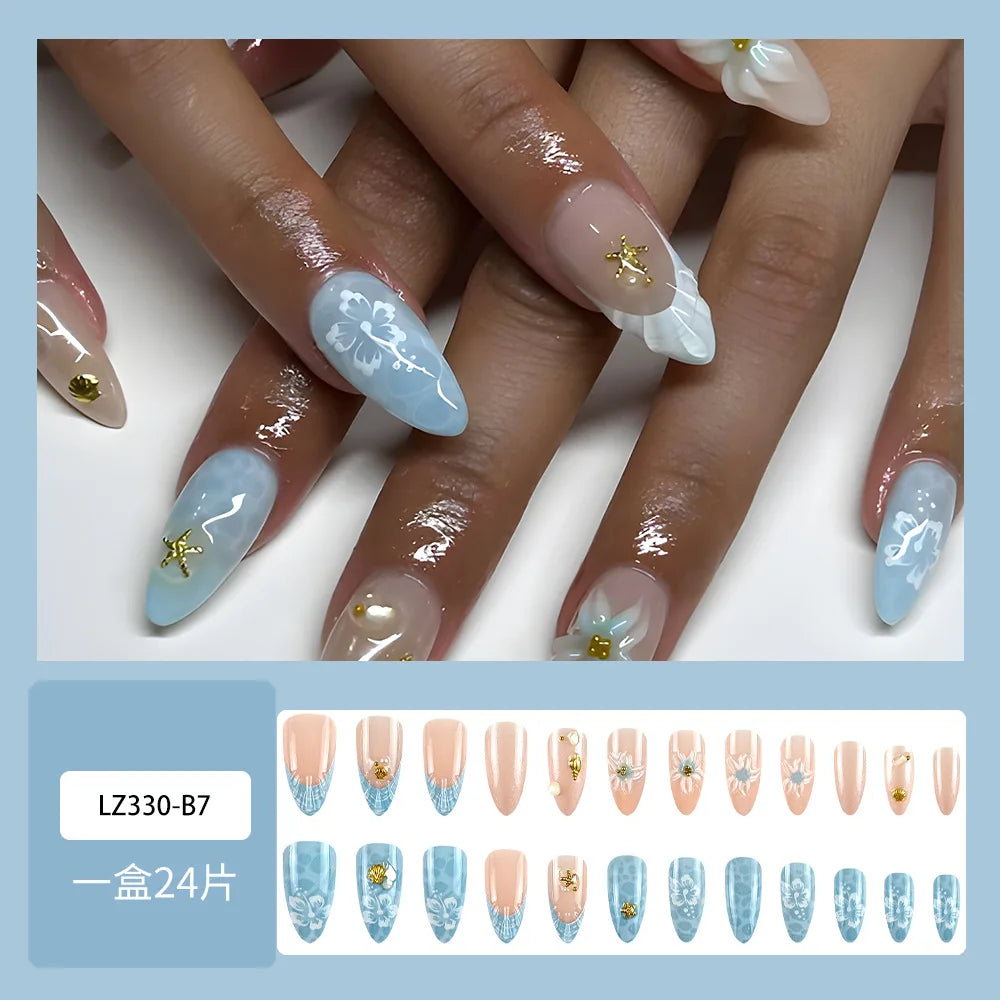 24pcs Sweet Pink Flower Press on Nails Ins Pink Blush Almond False Nails Wearable Reusable Fashion Korean Fake Nails for Women