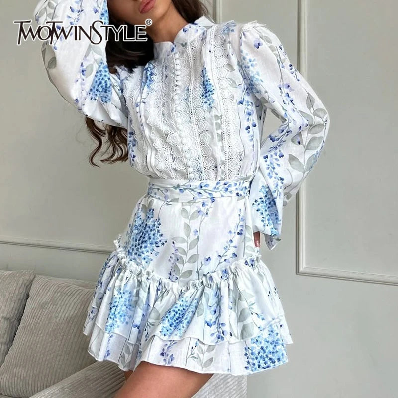 TWOTWINSTYLE Hit Color Spliced Printing Elegant Dresses for Women High Waist Long Sleeves Patchwork Ruffles Folds Dress Female
