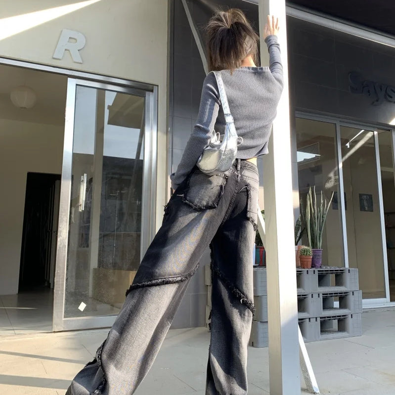 Autumn Winter New Straight Tube Denim Pants Woman American High Street Wide Leg Women's Jeans Black Tassels Women's Pants