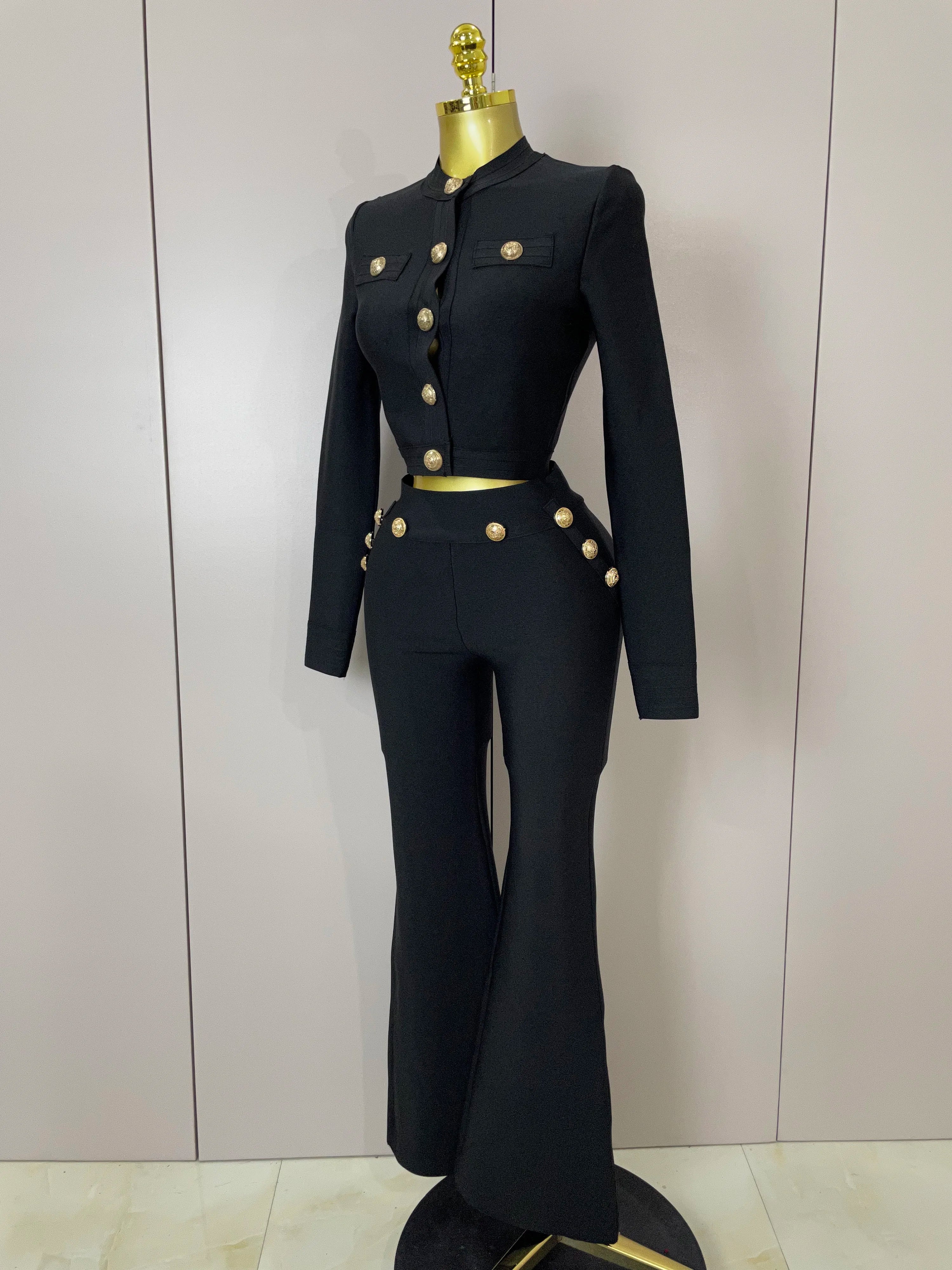 2025 New High Quality Golden Buttons Short Coat Top And Flare Pants  Bandage 2 Pieces Set Woman Celebrity Evening Party Vestidos