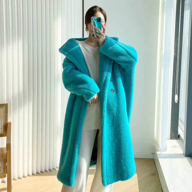 2022 Women Long Cashmere Coat Wool Woven Fabric Thick Warm Outerwear Oversize Fashion Streetwear Teddy Bear Winter Jacket Lake blue