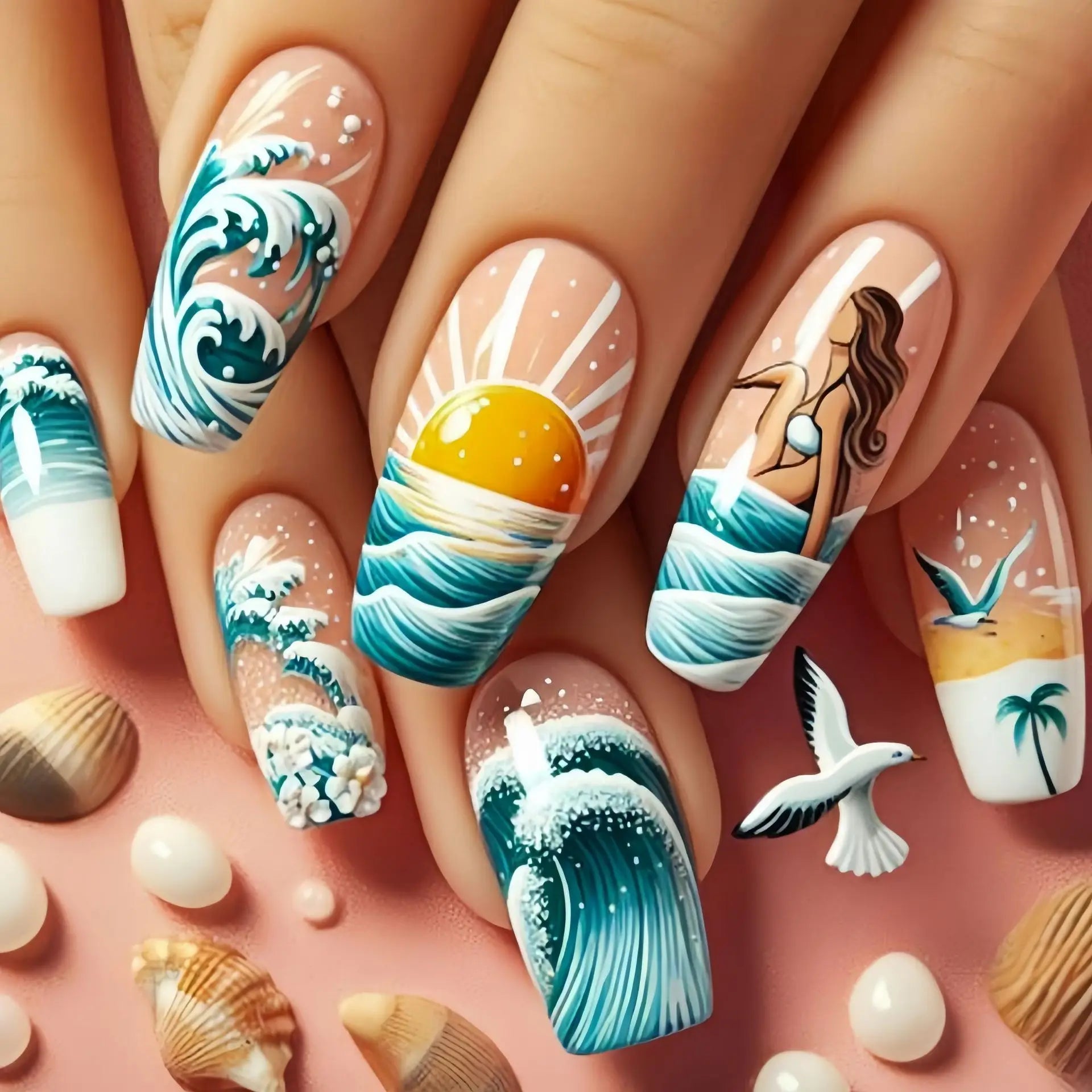 24pcs/set Medium long fake nails Gradient blue ocean fish sun flowers butterfly square ballet summer tips press on false nail