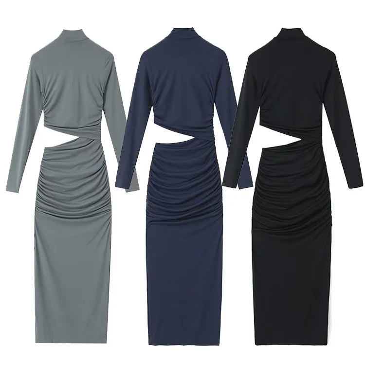 TRAFZA Female Vintage Chic Dresses Solid Color O-Neck Long Sleeve Hollow Out Waist Folds Women's Autumn Fashion Long Dresses