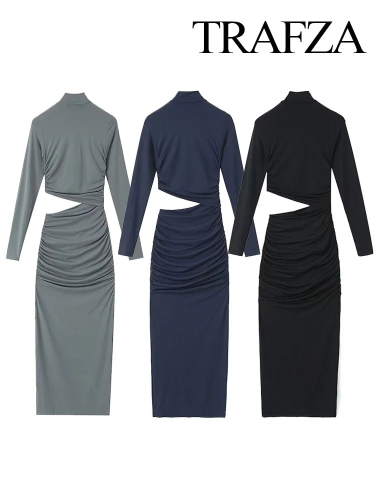 TRAFZA Female Vintage Chic Dresses Solid Color O-Neck Long Sleeve Hollow Out Waist Folds Women's Autumn Fashion Long Dresses