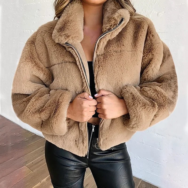 Autumn Winter Women's Faux Fur Zipper Cardigan Plush Warm Coat Large Size Female Solid Loose Short Thicken Jacket Lapel Outwear Khaki