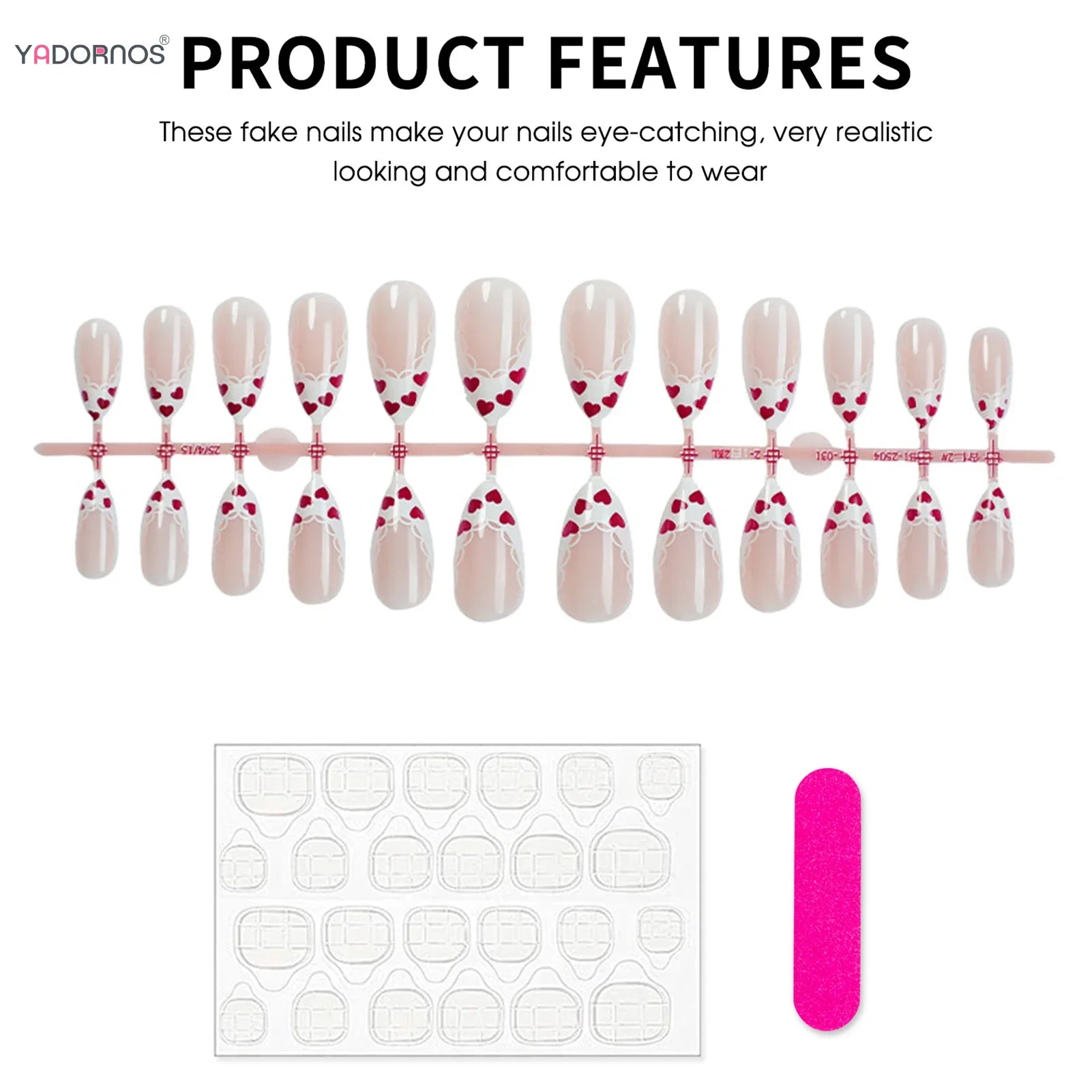 Gentle Women Almond Fake Nails 24Pcs White French Press on Nails Red Love Heart Printed Valentine's Day Charm Manicure Nails Art