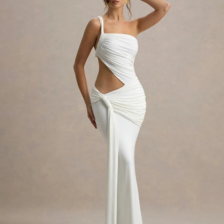 Irregular Ruched Sexy Maxi Dress For Women Gown Hollow Out One Shoulder Sleevelessdraped Bodycon Club Party Long Dress