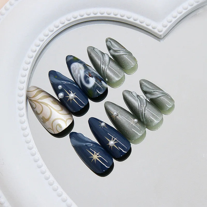 24pcs Dark Blue Press on Nails Starnight Swan Print Sweet Cool False Nails for Girl Wearable Reusable Almond Fake Nail Tips