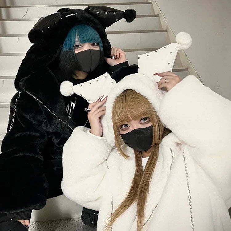 Winter Oversized Warm Thick White Faux Fur Coat Women with Hood Sweet Cute Kawaii Japanese Style Fashion Fluffy Jacket