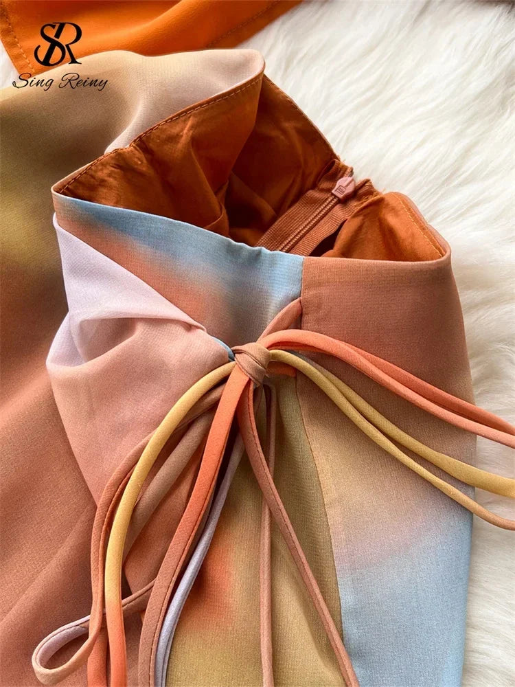 SINGREINY High Quality Holiday Suits Strapless Halter Strapless Top+Zipper Tie Dye Skirt Female Fashion Sexy Two Pieces Suit