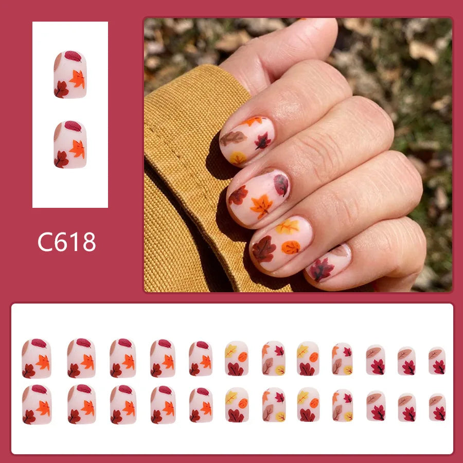 24Pcs Short Press-on Nails Set Square Fallen Leaves Design Orange Flower Nail Tips for Autumn Winter Nails Fake Women&girls Wear