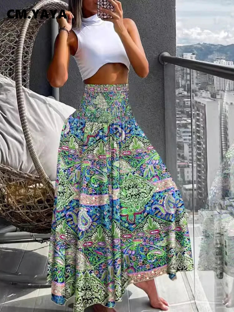 CM.YAYA Women Fashion Bandanna Paisley Big Swing High Waist Maxi Skirt Streetwear 2024 Boho Vintage Casual Long Skirts