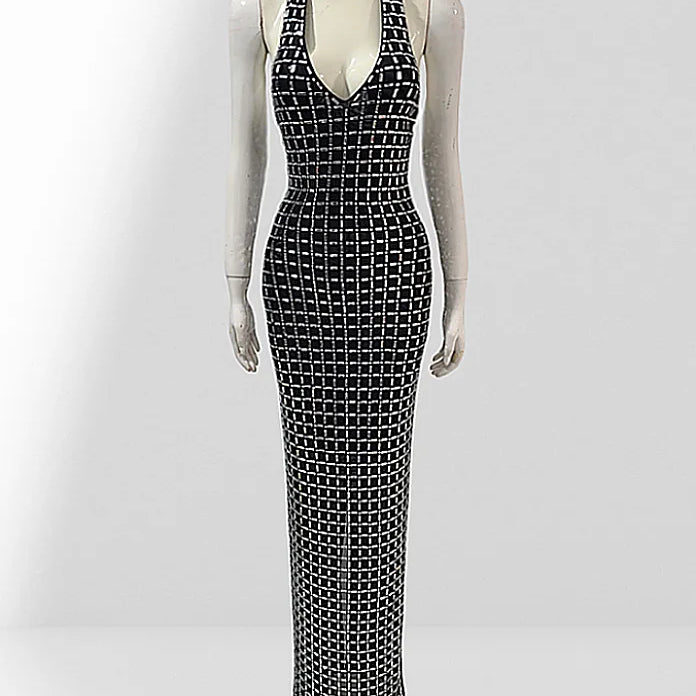 Super Sparkling Diamonds Sexy See Through Mesh V-Neck Sheath Ankel Length Dress Fashion Woman Party Dress Birthday Party Outfit