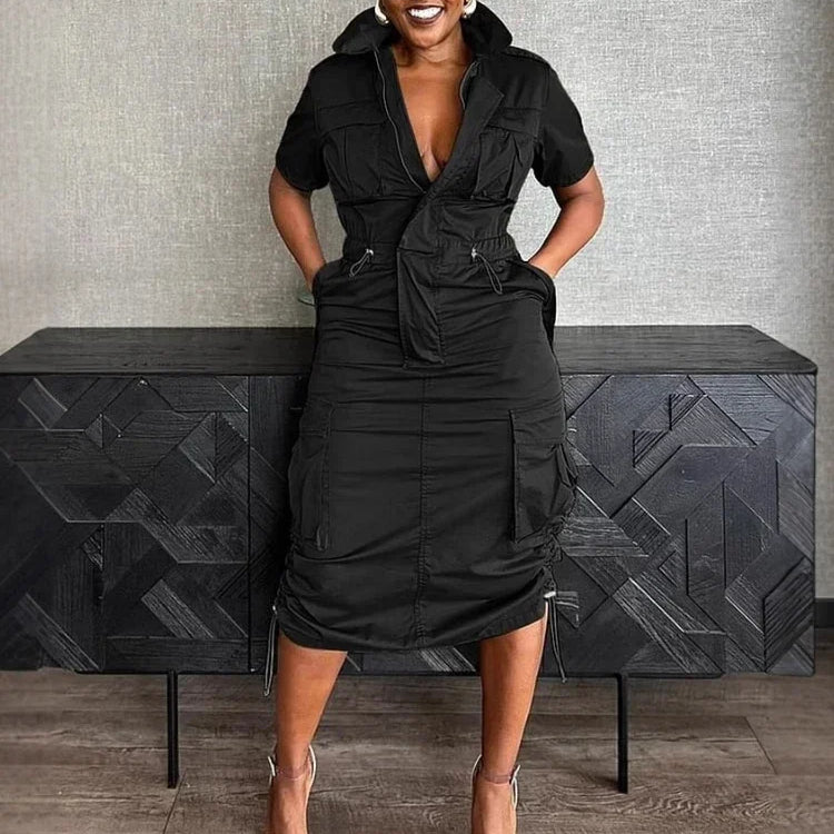 CM.YAYA Women High Waist Short Sleeve Mult Pockets Cargo Midi Dress Streetwear Drawstring Vestidos Party Sexy Evening Dresses