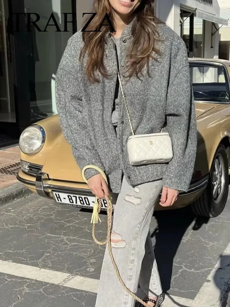 Women Elegant Solid Coat Button Long Sleeve Pocket Bomber Jacket Autumn Winter Female Casual Loose Streetwear Coats