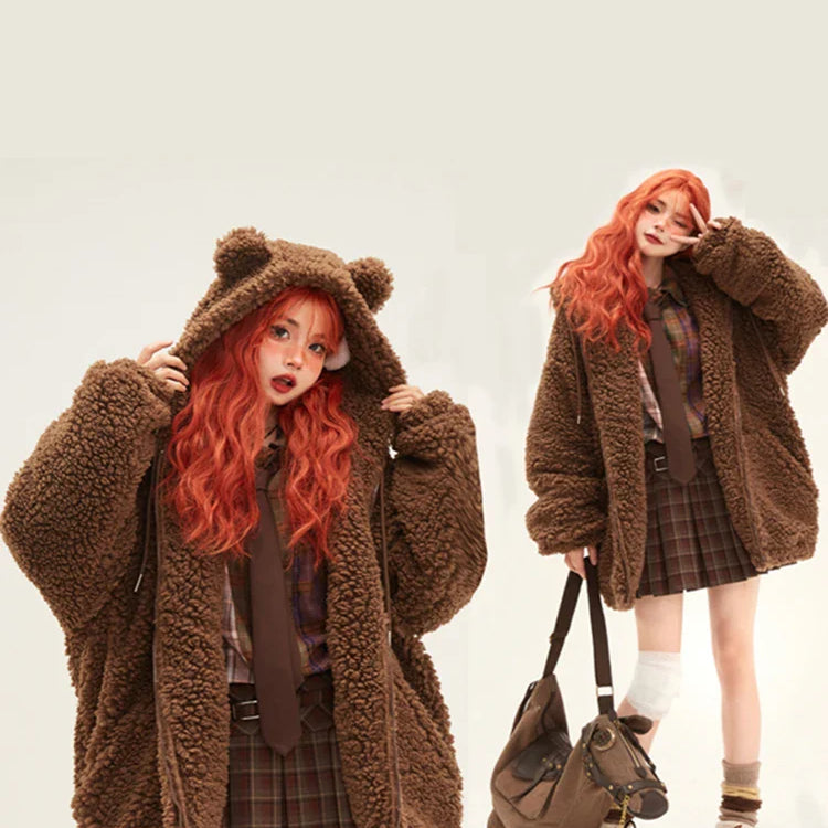Lautaro-Kawaii Faux Fur Hoodie with Bear Ears for Women, Fluffy Sherpa Jacket, Oversized, Brown, Warm, Fuzzy, Sweet, Cute, Winte Brown