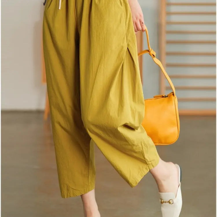 Women Summer Pants New High Waist Wide Leg Retro Cropped Trousers Casual Loose Baggy Cotton Linen Pants for Women Bottoms